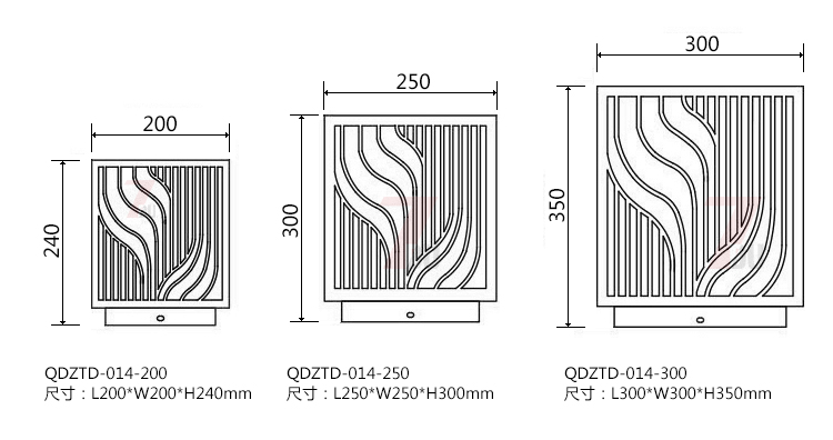 (QDZTD-014)古铜拉丝割花方形矮柱柱头灯200mm、250mm、300mm尺寸示意图